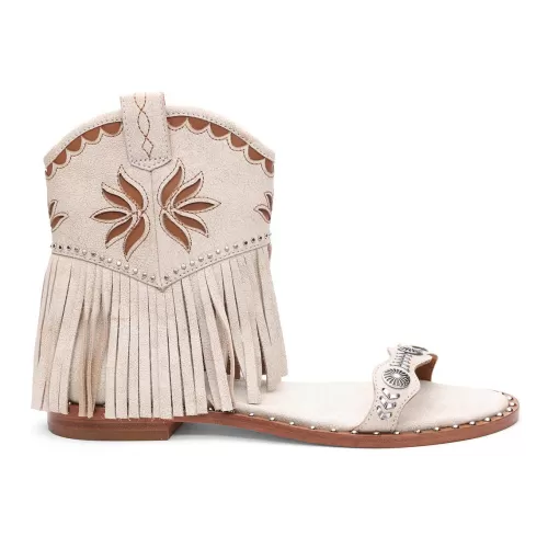 ASH Paquito Fringe Sandals | Flat Sandals With Fringe | Beige-White/Cinnamon Cheap